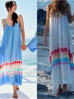 9Seed Tulum Prism Rainbow Tie Dye Cotton Cover Up Maxi Dress One Size